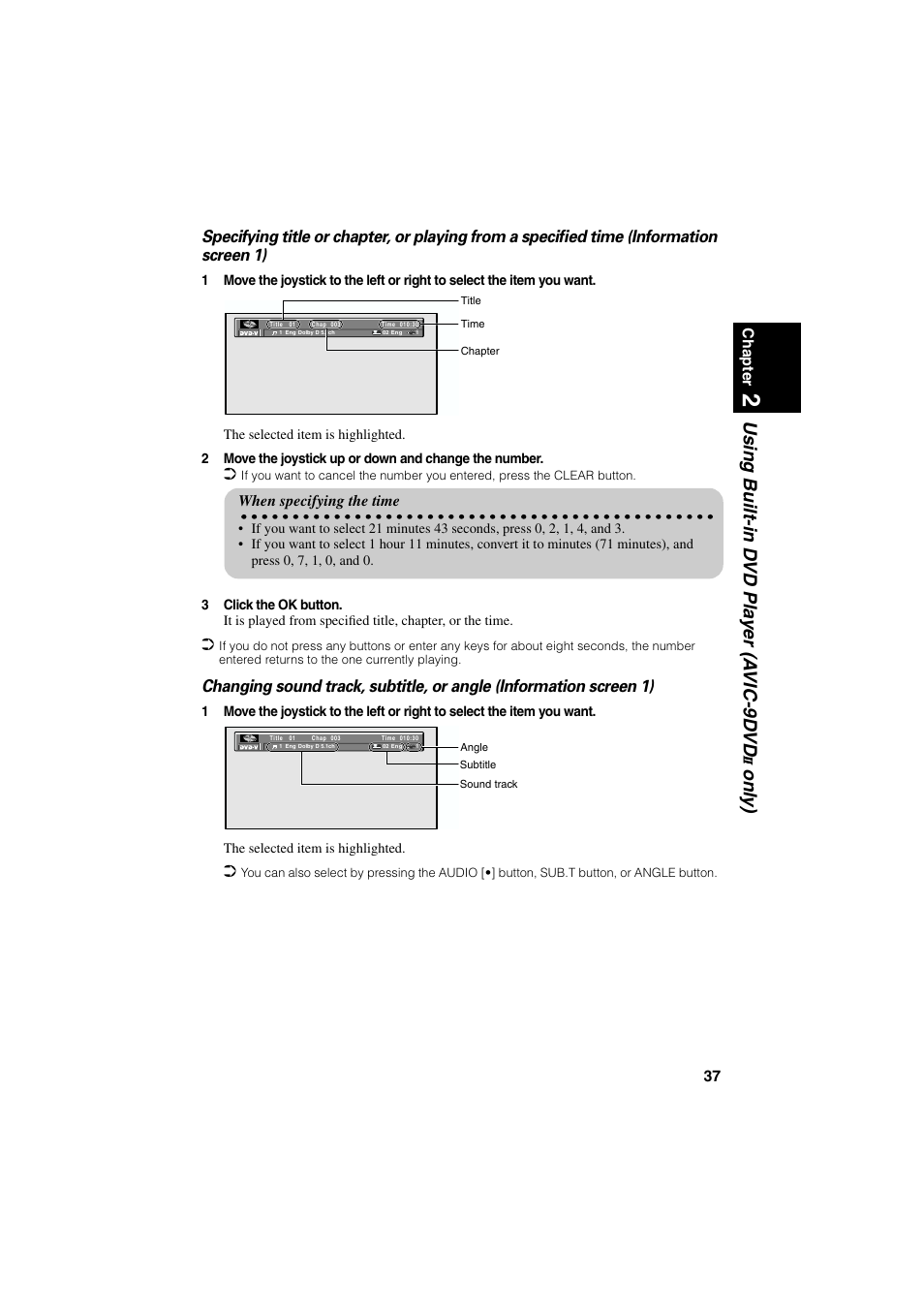 Using built-in d vd pla y er (a vic-9d vd, Onl y), 37 chapter | When specifying the time | Pioneer AVIC-85DHV-2 User Manual | Page 39 / 56