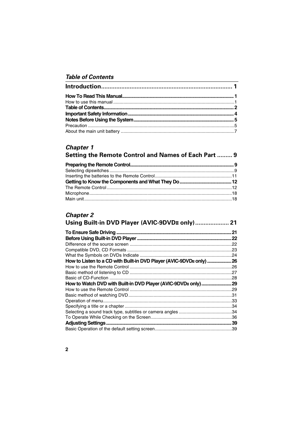 Table of contents introduction, Chapter 2 using built-in dvd player (avic-9dvd, Only) | Pioneer AVIC-85DHV-2 User Manual | Page 4 / 56