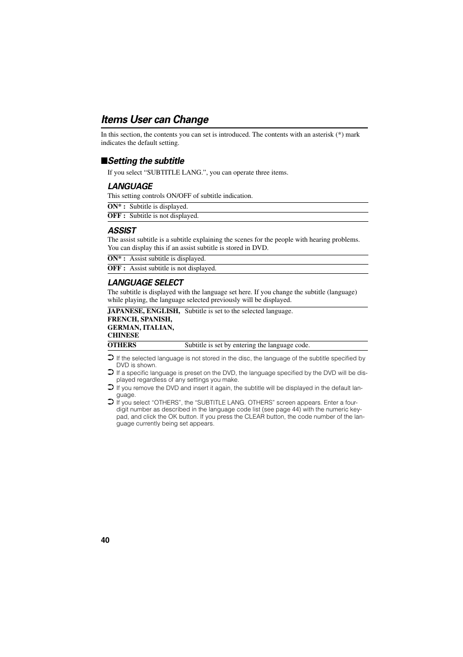 Items user can change, Setting the subtitle | Pioneer AVIC-85DHV-2 User Manual | Page 42 / 56