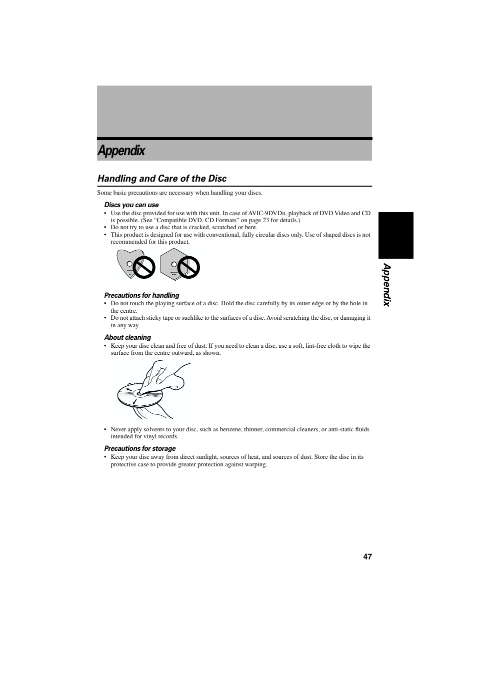 Appendix, Handling and care of the disc | Pioneer AVIC-85DHV-2 User Manual | Page 49 / 56