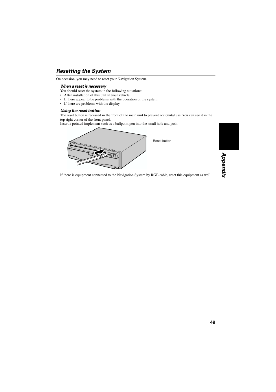 Resetting the system, Appendix resetting the system | Pioneer AVIC-85DHV-2 User Manual | Page 51 / 56