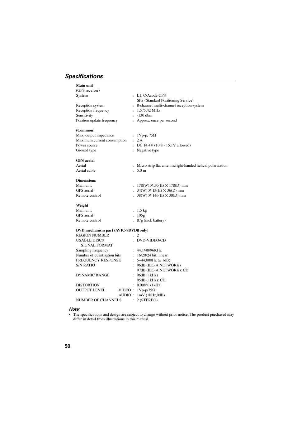 Specifications | Pioneer AVIC-85DHV-2 User Manual | Page 52 / 56