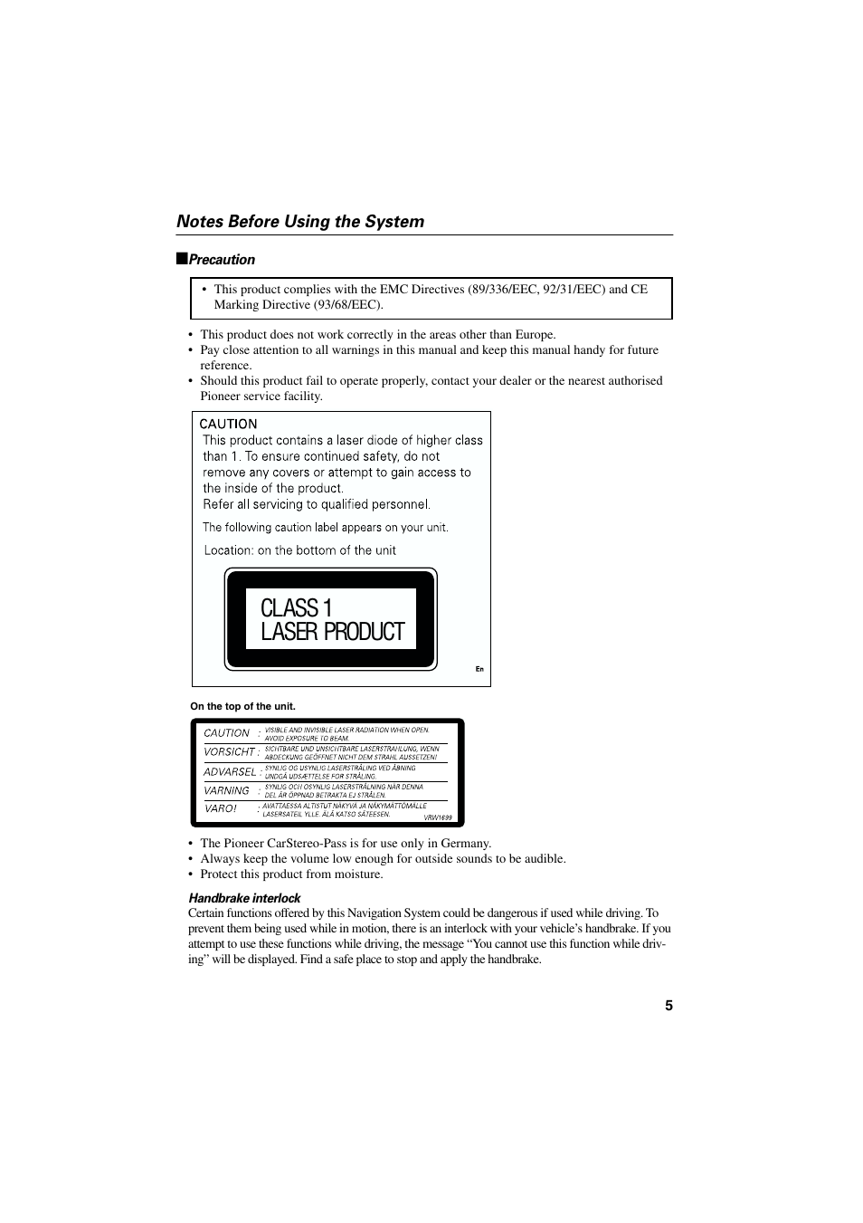 Notes before using the system, Precaution, Class 1 laser product | Pioneer AVIC-85DHV-2 User Manual | Page 7 / 56
