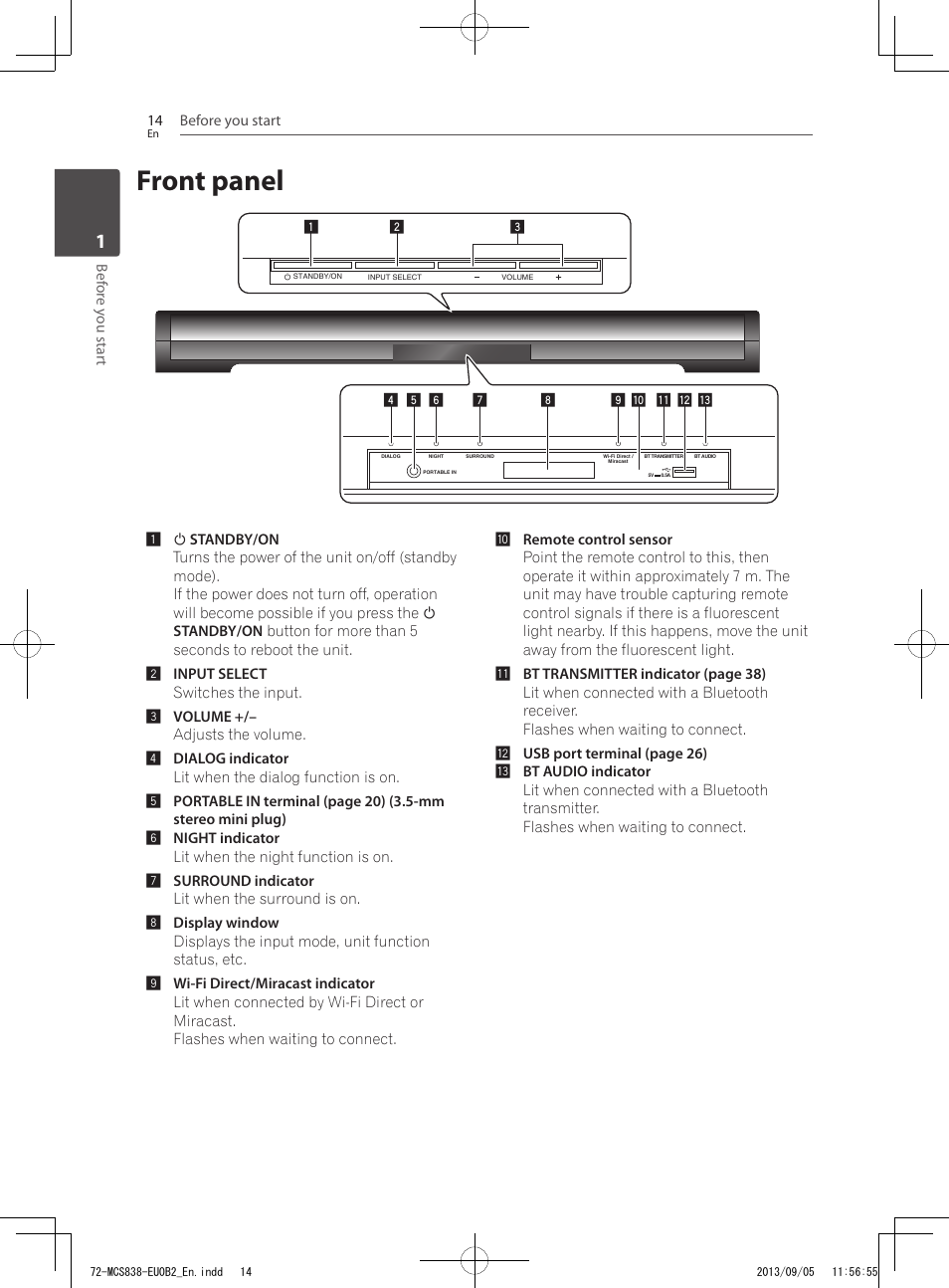 Front panel | Pioneer SBX-N700 User Manual | Page 14 / 68