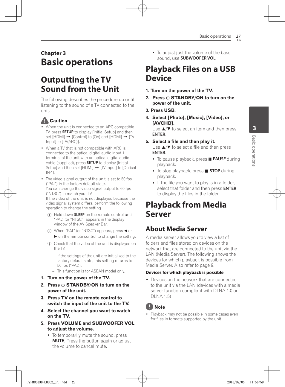 Basic operations, Outputting the tv sound from the unit, Playback files on a usb device | Playback from media server, About media server | Pioneer SBX-N700 User Manual | Page 27 / 68