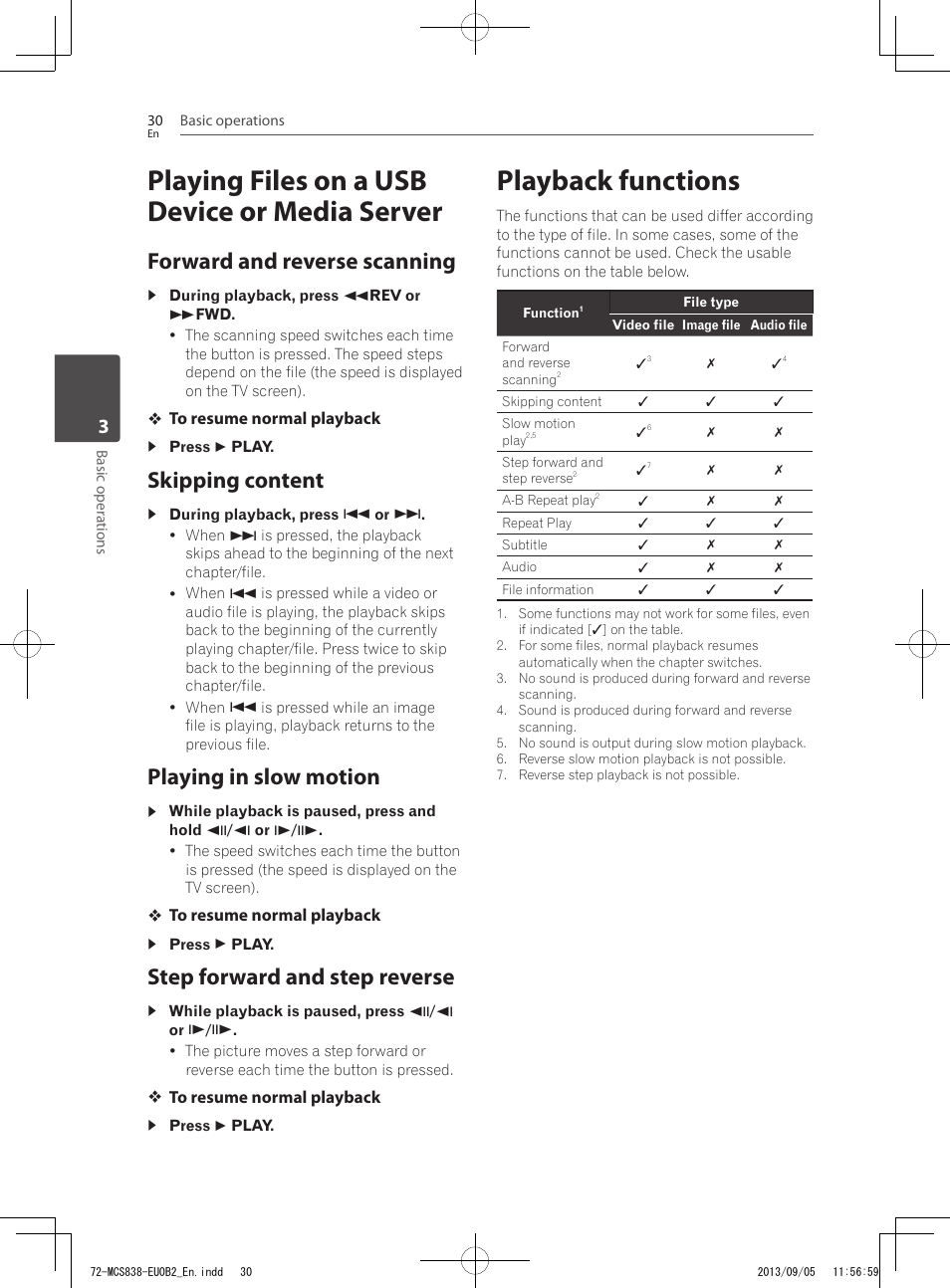 Playing files on a usb device or media server, Playback functions, Forward and reverse scanning | Skipping content, Playing in slow motion, Step forward and step reverse | Pioneer SBX-N700 User Manual | Page 30 / 68