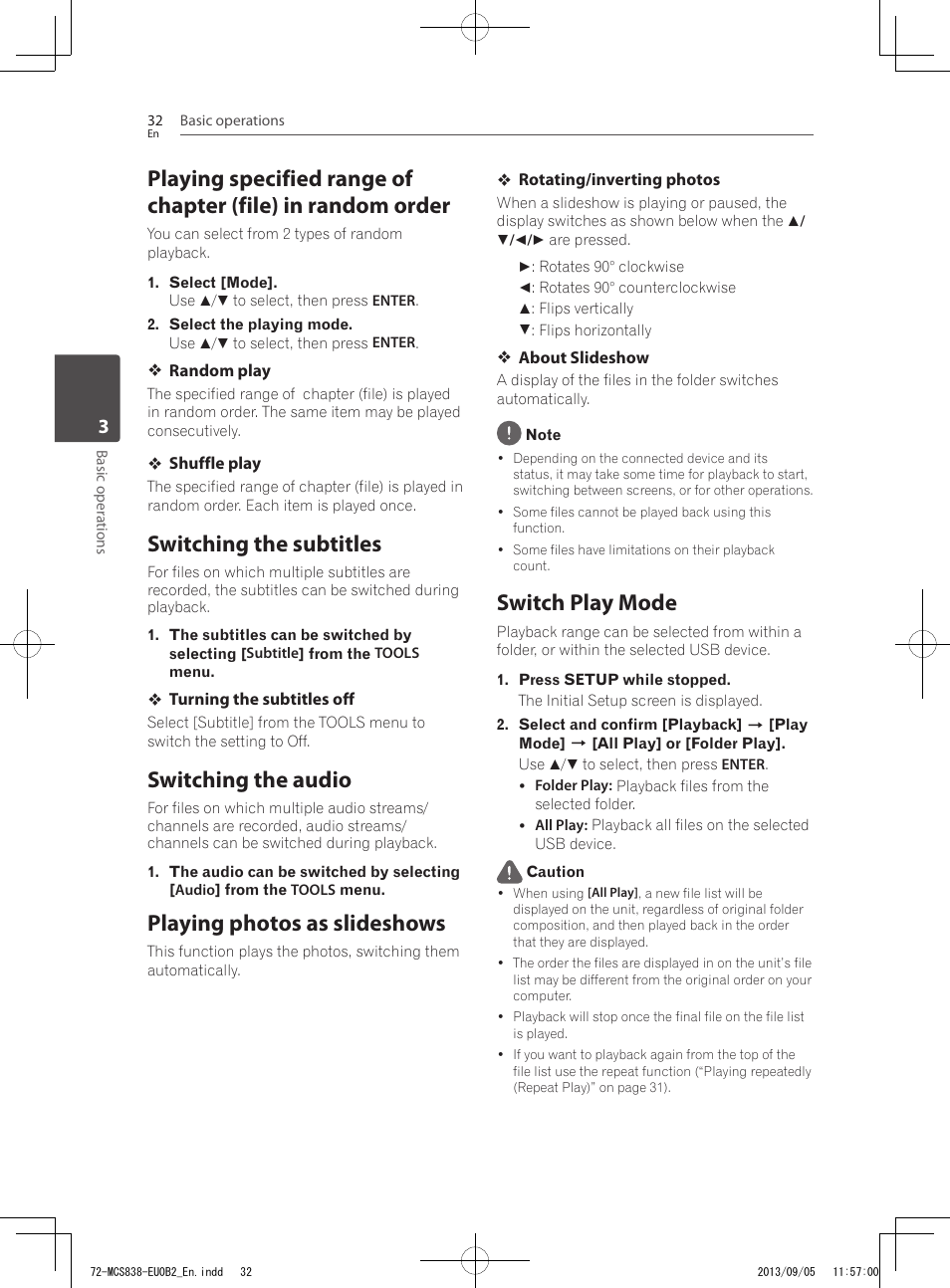 Switching the subtitles, Switching the audio, Playing photos as slideshows | Switch play mode | Pioneer SBX-N700 User Manual | Page 32 / 68