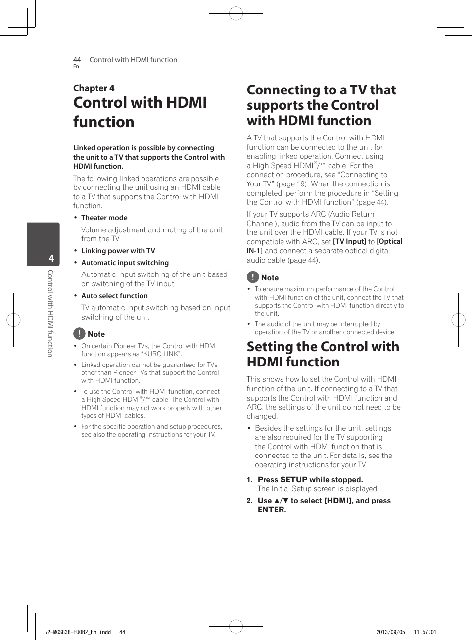 Control with hdmi function, Setting the control with hdmi function | Pioneer SBX-N700 User Manual | Page 44 / 68