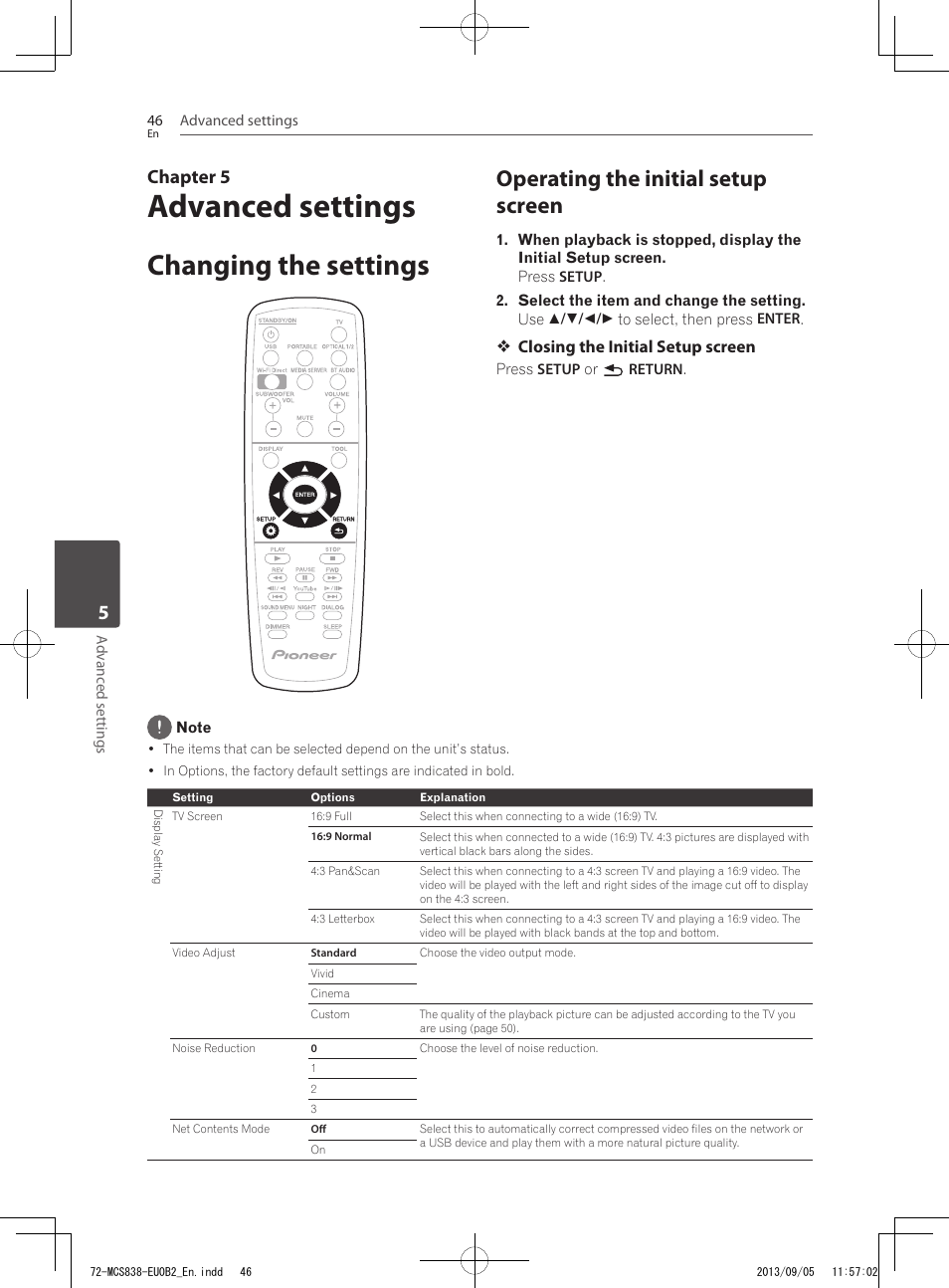 Advanced settings, Changing the settings, Operating the initial setup screen | Chapter 5 | Pioneer SBX-N700 User Manual | Page 46 / 68