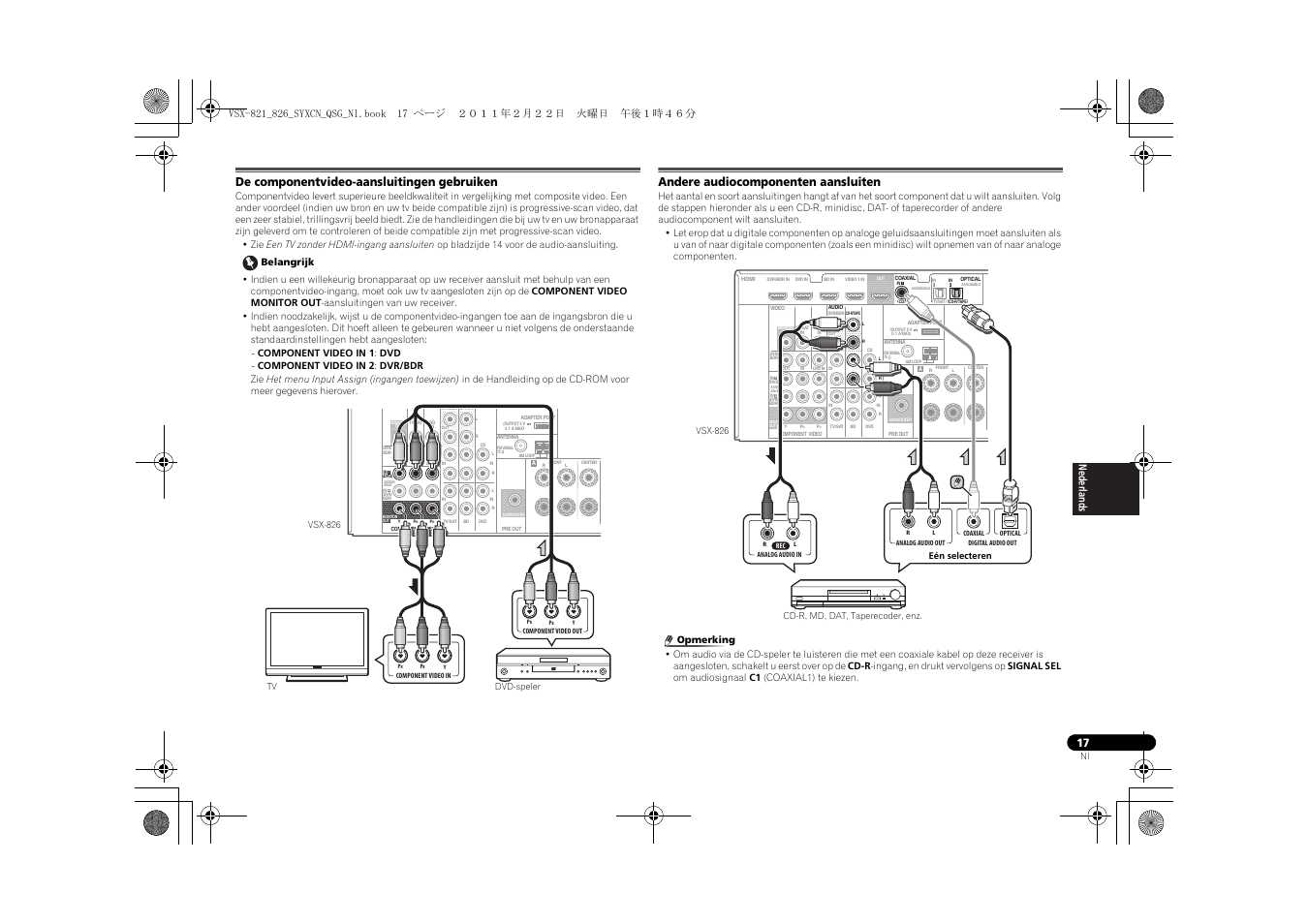 De componentvideo-aansluitingen gebruiken, Andere audiocomponenten aansluiten | Pioneer VSX-821 User Manual | Page 105 / 156