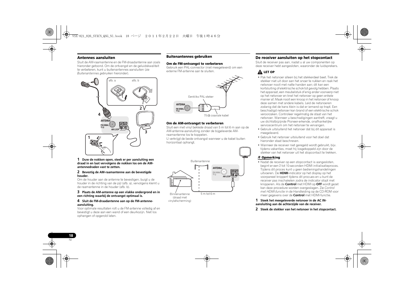 Antennes aansluiten, Buitenantennes gebruiken, De receiver aansluiten op het stopcontact | Pioneer VSX-821 User Manual | Page 106 / 156