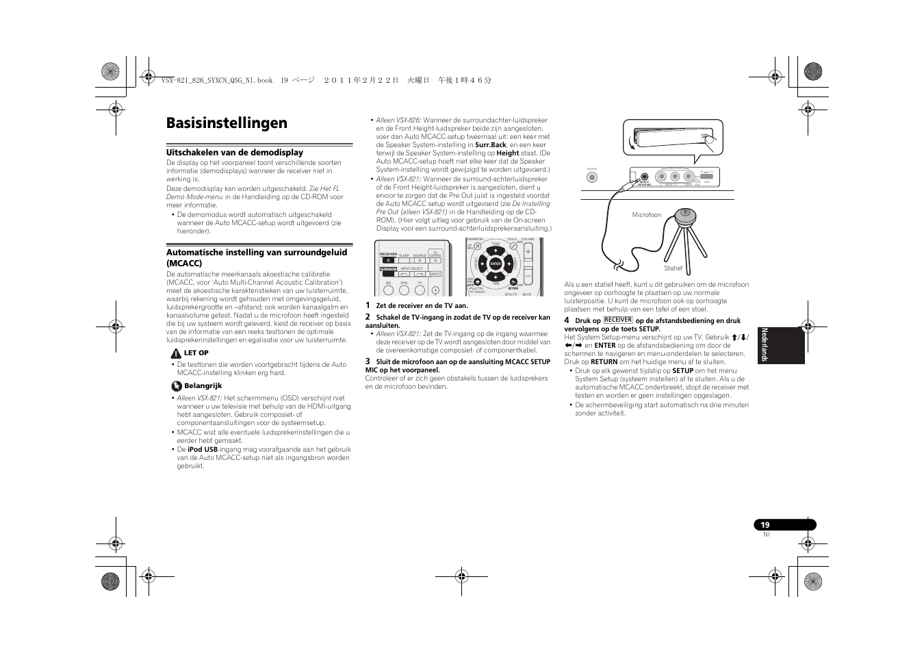 Basisinstellingen, Uitschakelen van de demodisplay, Automatische instelling van surroundgeluid (mcacc) | Pioneer VSX-821 User Manual | Page 107 / 156