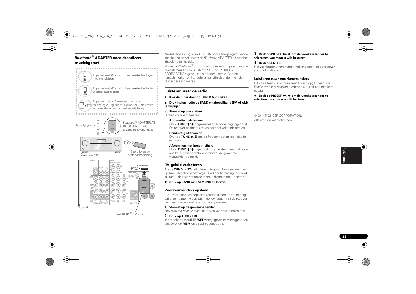 Bluetooth, Adapter voor draadloos muziekgenot, Luisteren naar de radio | Fm-geluid verbeteren, Voorkeurzenders opslaan, Luisteren naar voorkeurzenders, Luisteren naar de radio 1 | Pioneer VSX-821 User Manual | Page 111 / 156