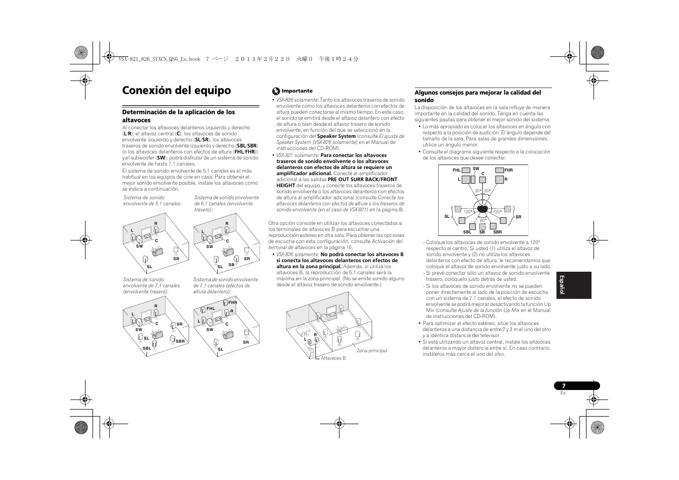 Conexión del equipo, Determinación de la aplicación de los altavoces | Pioneer VSX-821 User Manual | Page 117 / 156