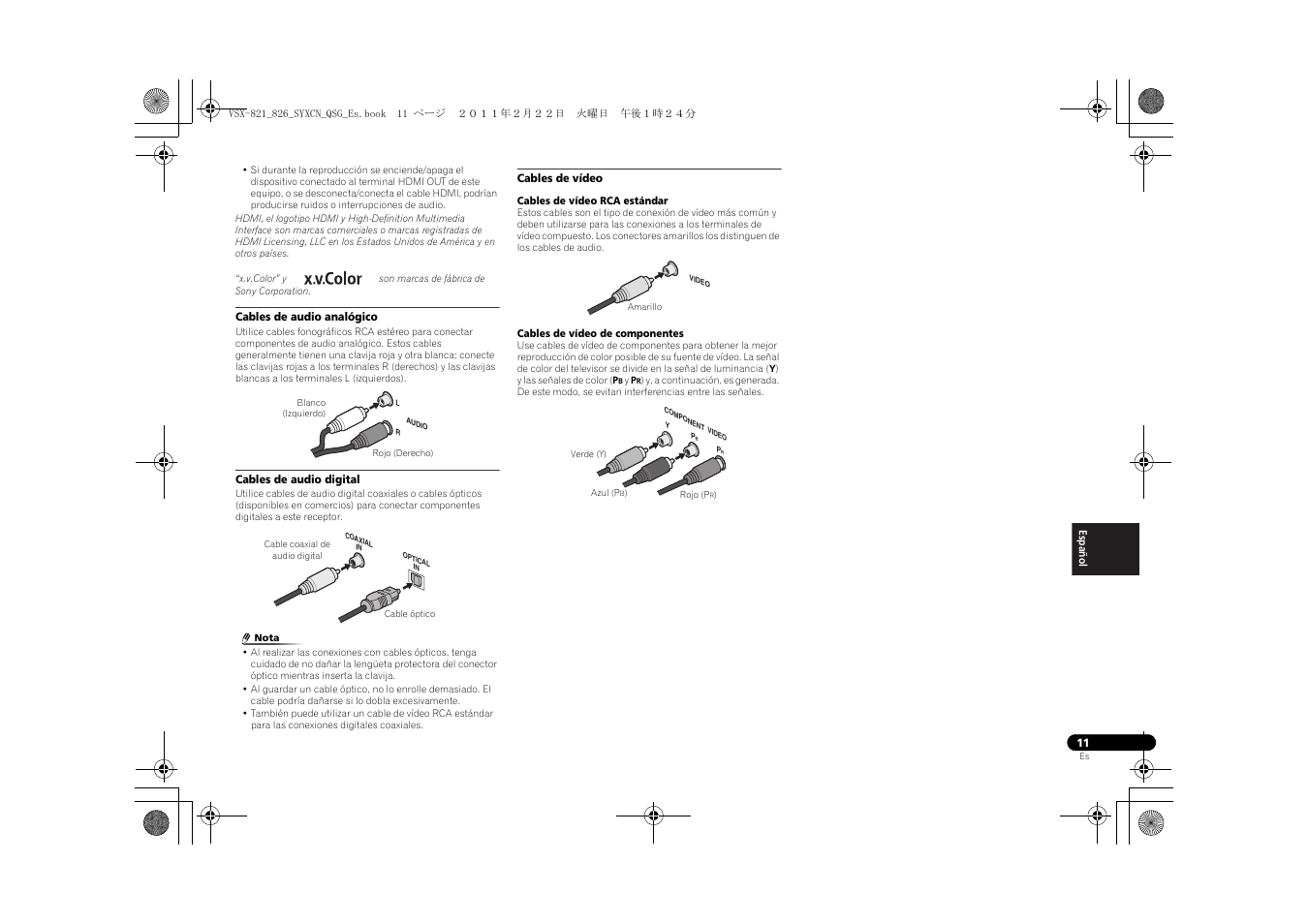 Cables de audio analógico, Cables de audio digital, Cables de vídeo | Pioneer VSX-821 User Manual | Page 121 / 156