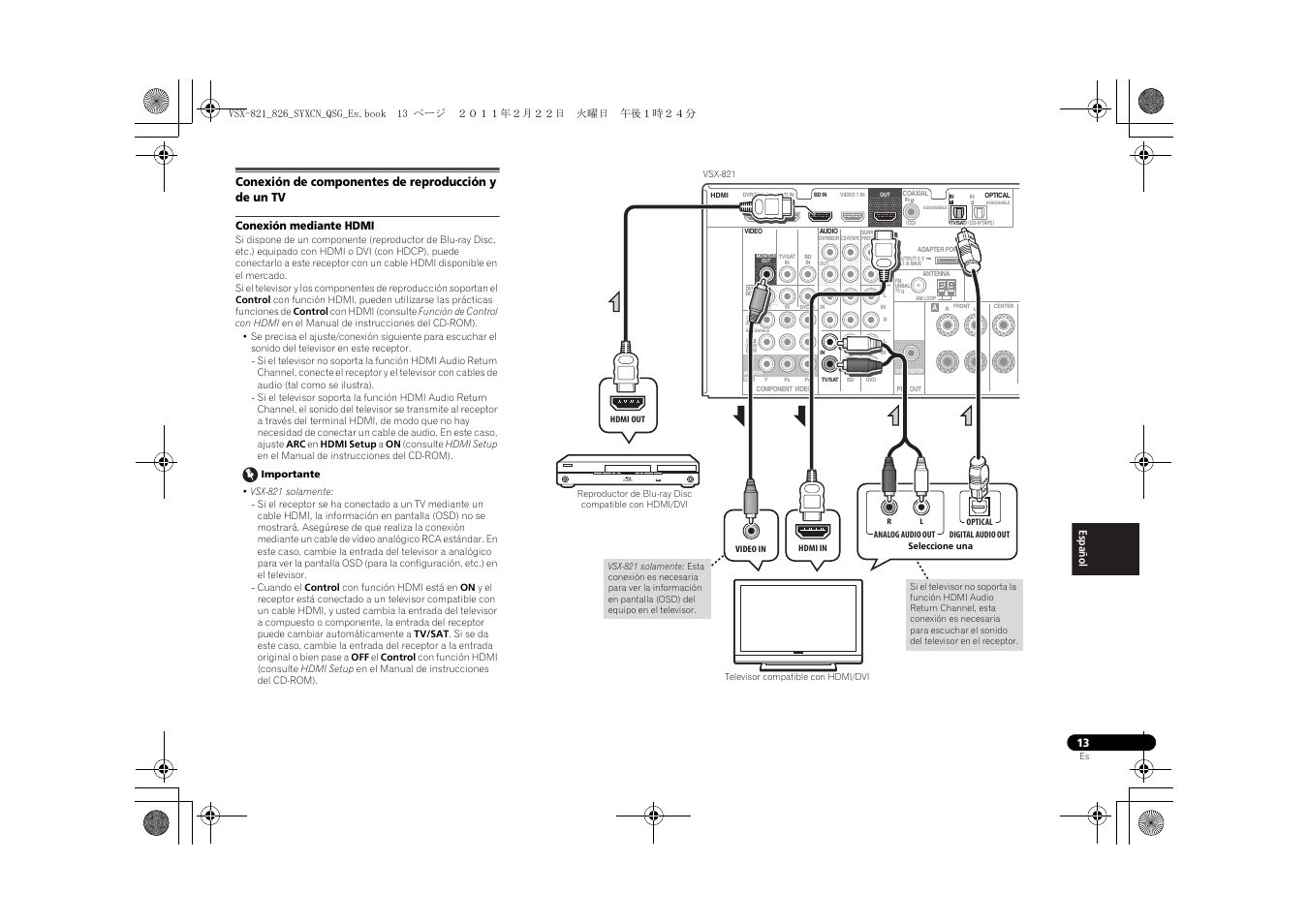 Conexión de componentes de reproducción y de un tv, Conexión mediante hdmi | Pioneer VSX-821 User Manual | Page 123 / 156