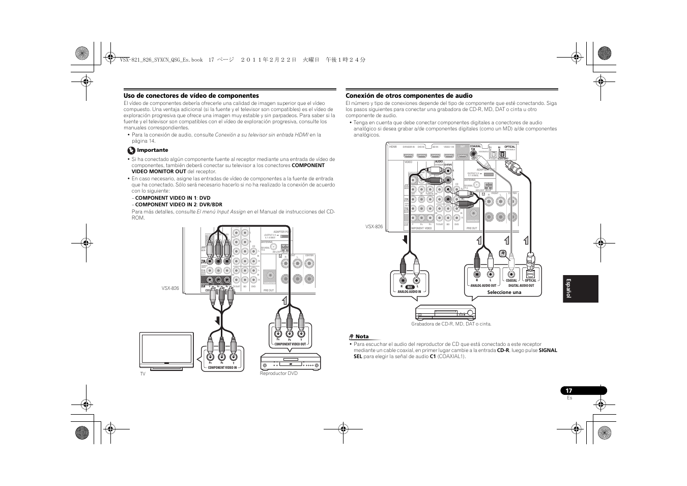 Uso de conectores de vídeo de componentes, Conexión de otros componentes de audio | Pioneer VSX-821 User Manual | Page 127 / 156