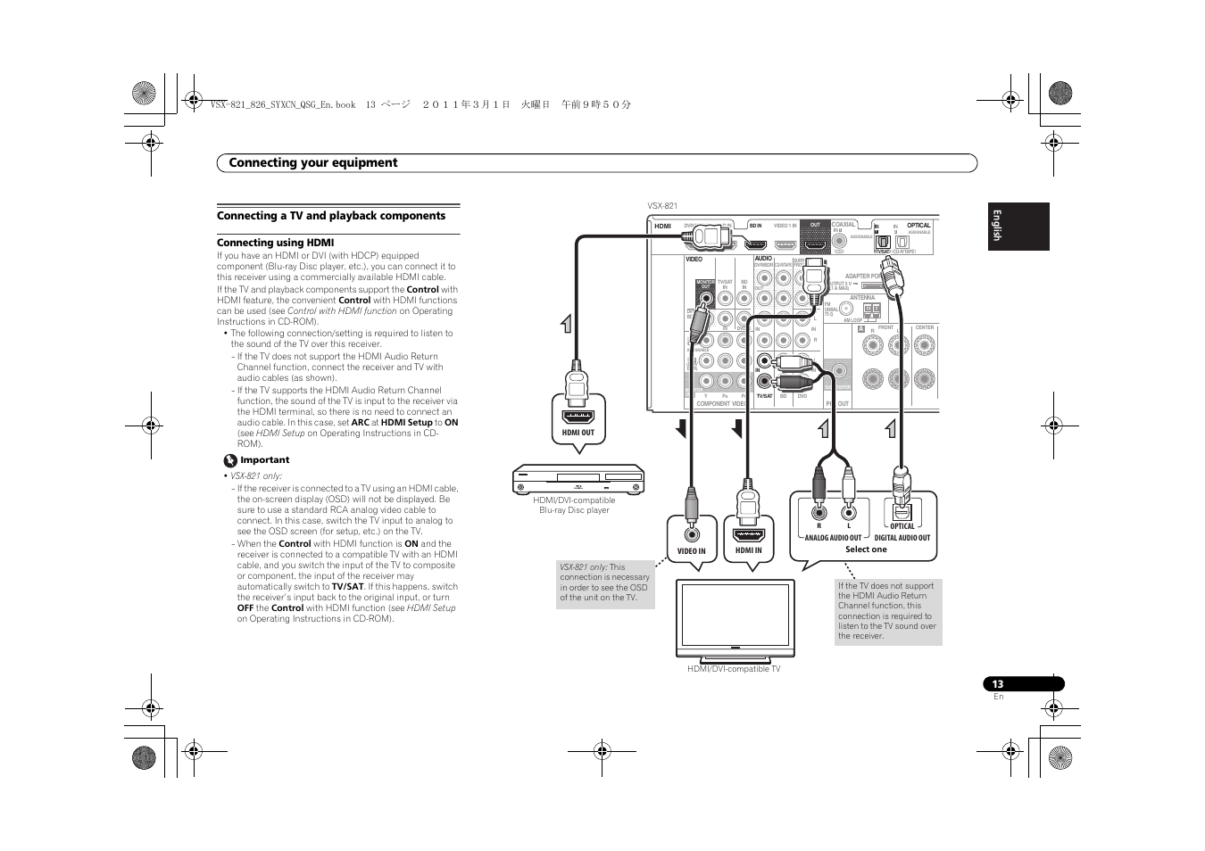 Connecting a tv and playback components, Connecting using hdmi, Connecting your equipment | Pioneer VSX-821 User Manual | Page 13 / 156