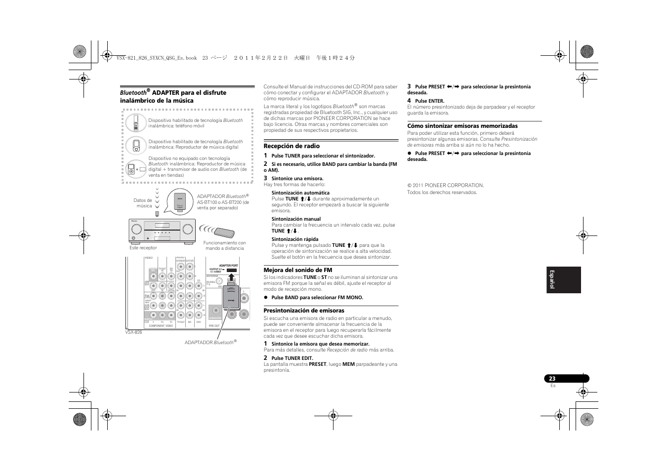 Bluetooth, Adapter para el disfrute inalámbrico de la, Música | Recepción de radio, Mejora del sonido de fm, Presintonización de emisoras, Cómo sintonizar emisoras memorizadas, Adapter para el disfrute inalámbrico de la música, Recepción de radio 1 | Pioneer VSX-821 User Manual | Page 133 / 156