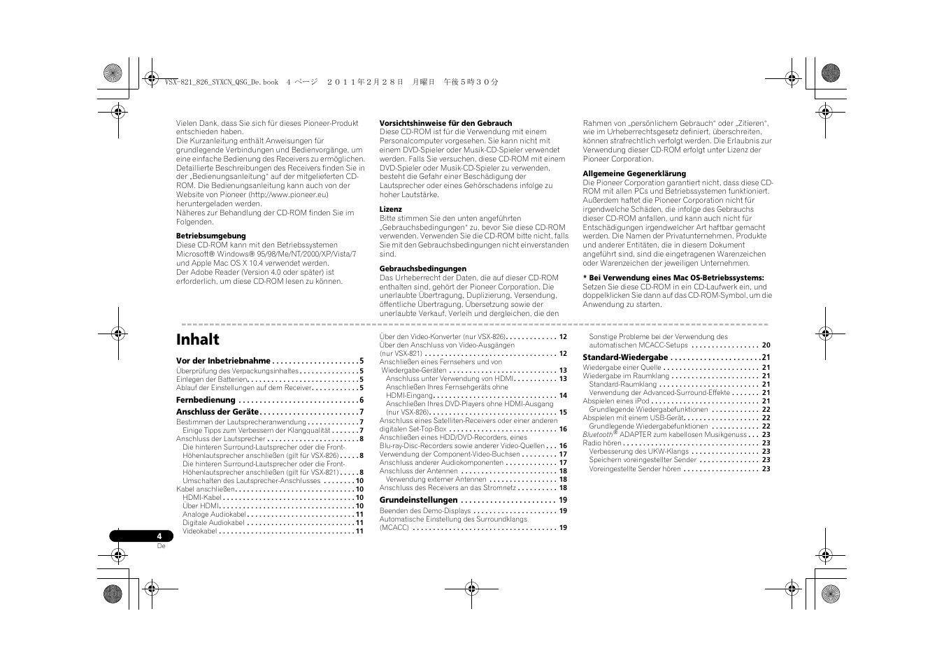 Audio-/video- mehrkanal-receiver, Kurzanleitung, Inhalt | Pioneer VSX-821 User Manual | Page 136 / 156