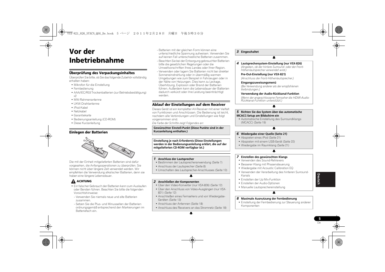 Vor der inbetriebnahme, Überprüfung des verpackungsinhaltes, Einlegen der batterien | Ablauf der einstellungen auf dem receiver | Pioneer VSX-821 User Manual | Page 137 / 156
