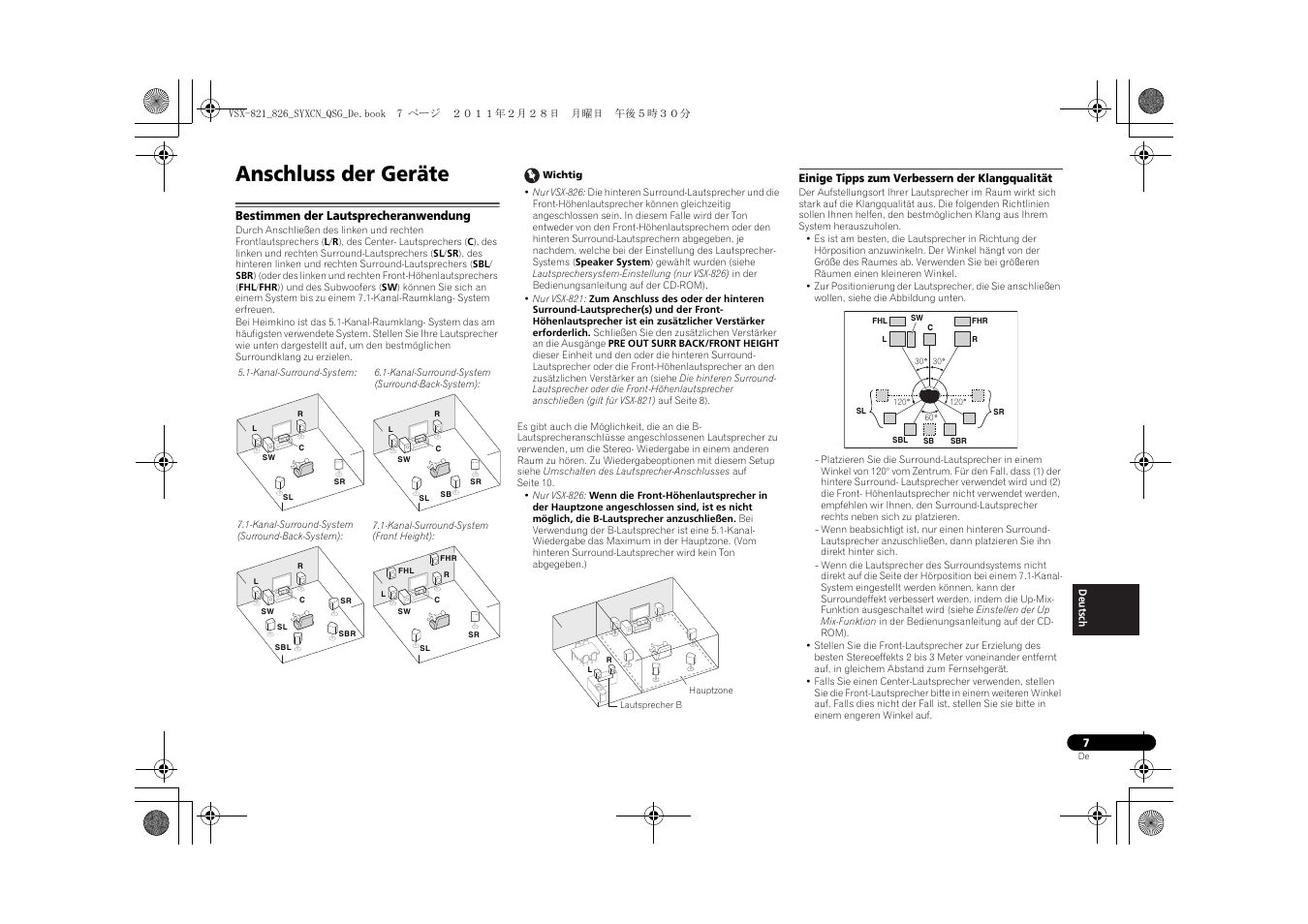 Anschluss der geräte, Bestimmen der lautsprecheranwendung, Einige tipps zum verbessern der klangqualität | Pioneer VSX-821 User Manual | Page 139 / 156