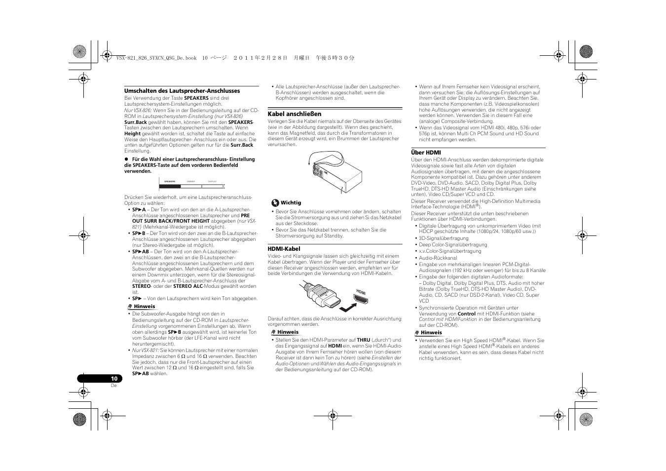 Umschalten des lautsprecher-anschlusses, Kabel anschließen, Hdmi-kabel | Über hdmi | Pioneer VSX-821 User Manual | Page 142 / 156
