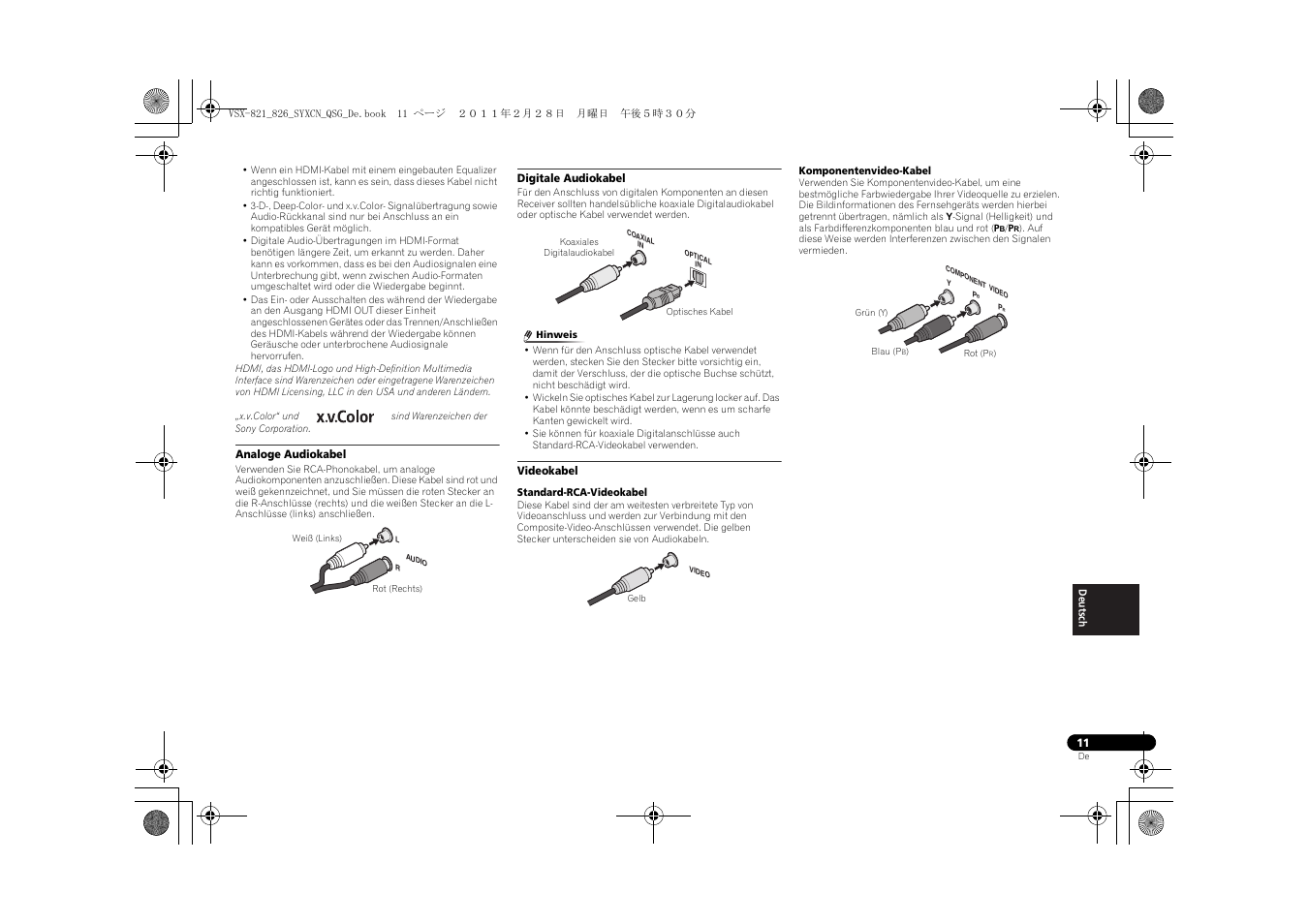 Analoge audiokabel, Digitale audiokabel, Videokabel | Pioneer VSX-821 User Manual | Page 143 / 156
