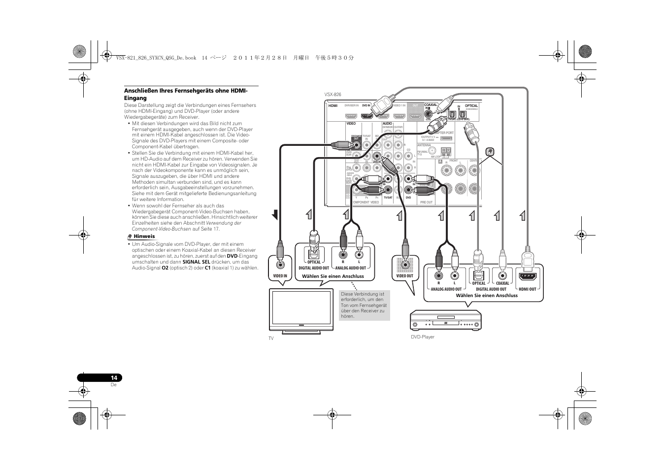 Anschließen ihres fernsehgeräts ohne hdmi-eingang, Anschließen ihres fernsehgeräts ohne hdmi- eingang | Pioneer VSX-821 User Manual | Page 146 / 156