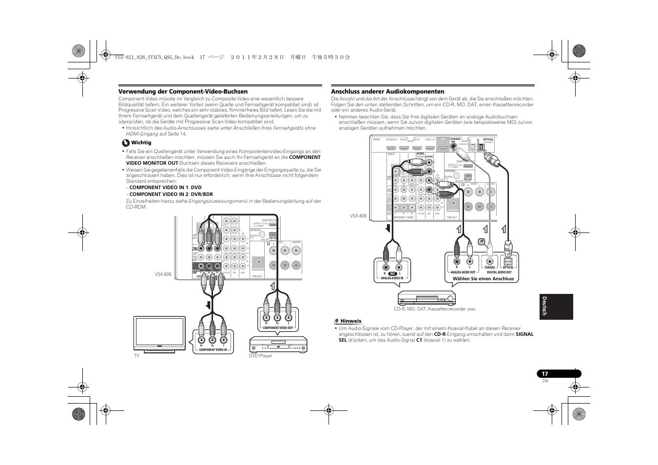 Verwendung der component-video-buchsen, Anschluss anderer audiokomponenten | Pioneer VSX-821 User Manual | Page 149 / 156