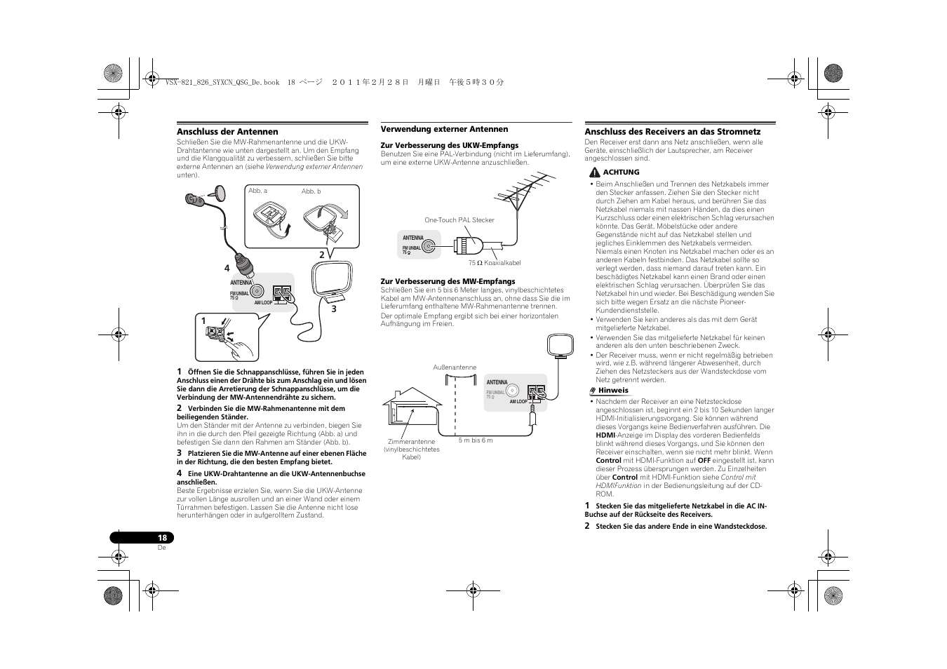 Anschluss der antennen, Verwendung externer antennen, Anschluss des receivers an das stromnetz | Pioneer VSX-821 User Manual | Page 150 / 156