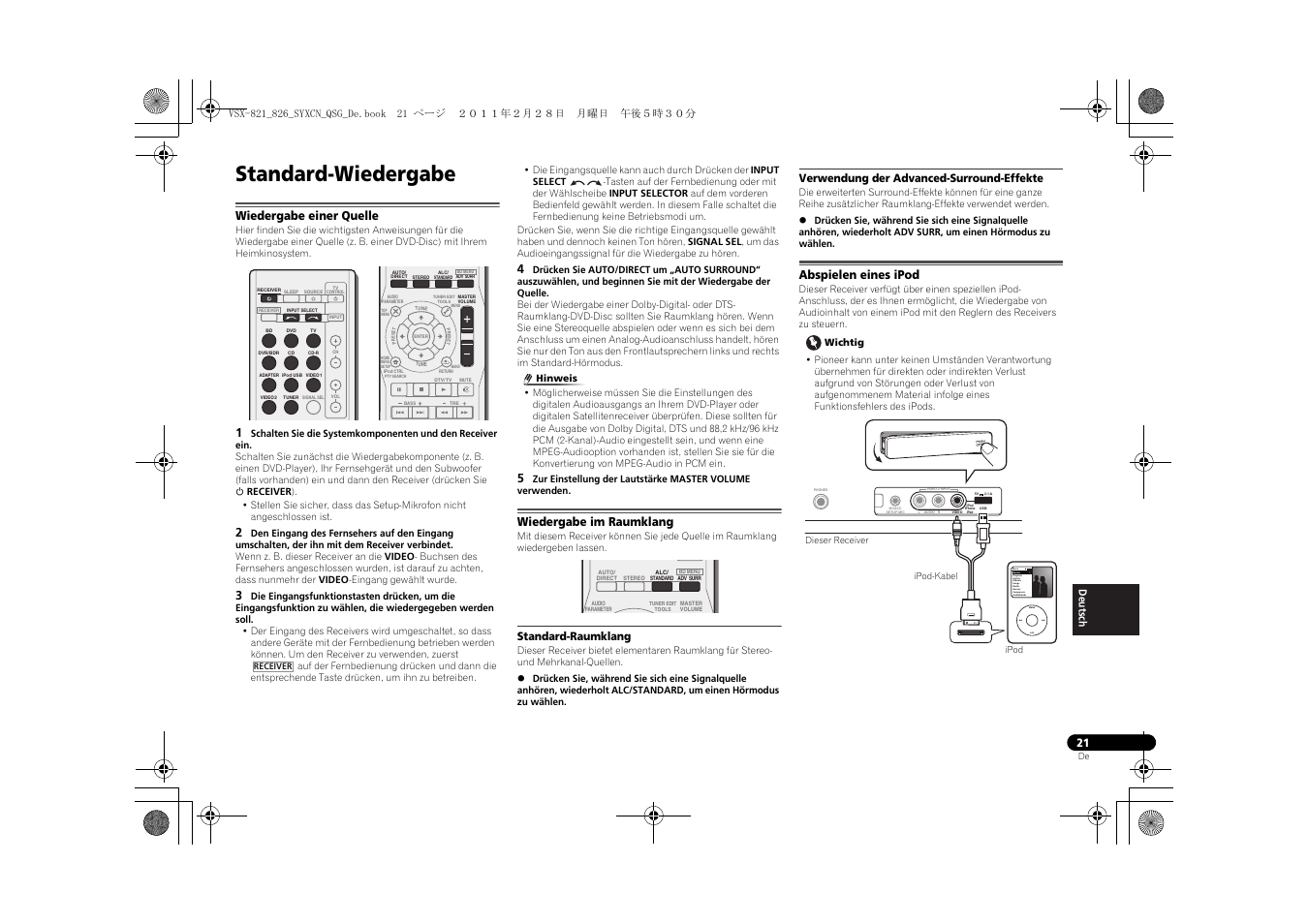 Standard-wiedergabe, Wiedergabe einer quelle, Wiedergabe im raumklang | Standard-raumklang, Verwendung der advanced-surround-effekte, Abspielen eines ipod | Pioneer VSX-821 User Manual | Page 153 / 156