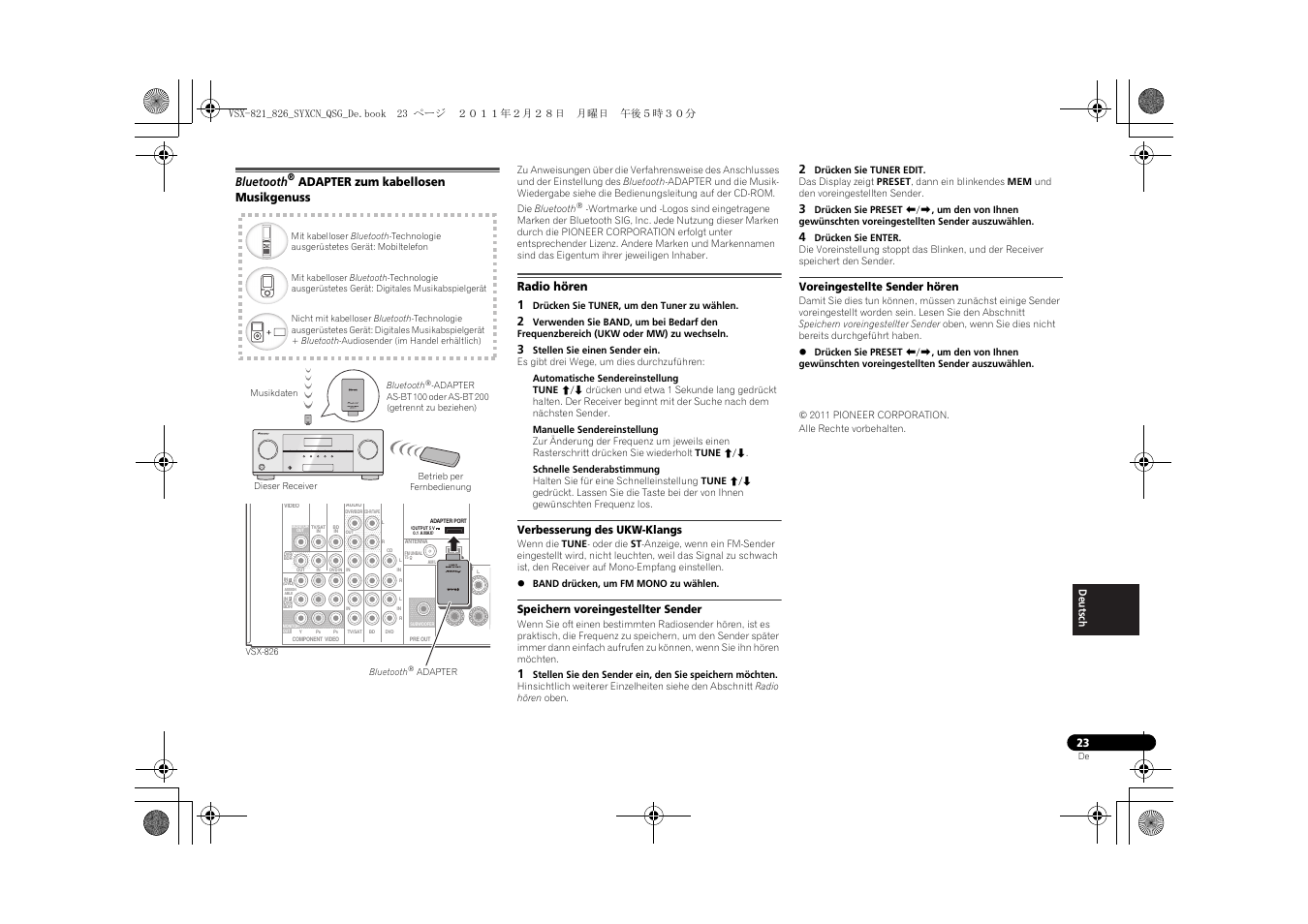 Bluetooth, Adapter zum kabellosen musikgenuss, Radio hören | Verbesserung des ukw-klangs, Speichern voreingestellter sender, Voreingestellte sender hören, Radio hören 1 | Pioneer VSX-821 User Manual | Page 155 / 156