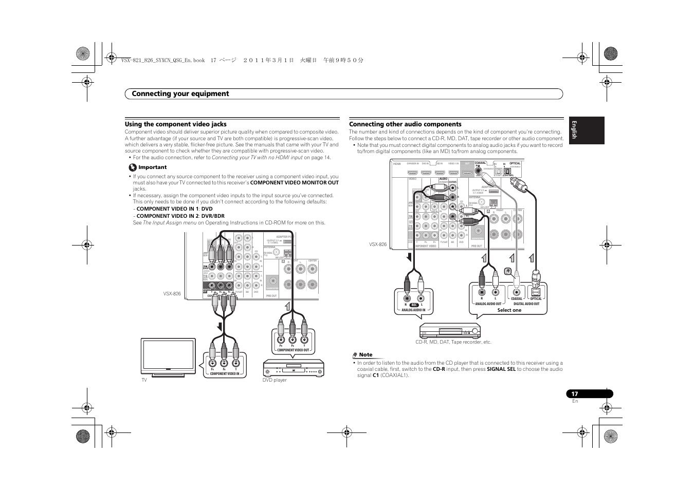 Using the component video jacks, Connecting other audio components, Connecting your equipment | Pioneer VSX-821 User Manual | Page 17 / 156