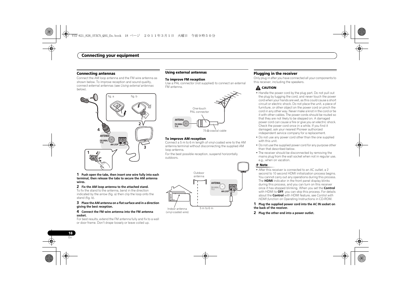 Connecting antennas, Using external antennas, Plugging in the receiver | Pioneer VSX-821 User Manual | Page 18 / 156