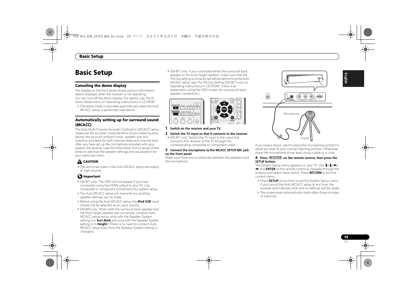 Basic setup, Canceling the demo display | Pioneer VSX-821 User Manual | Page 19 / 156