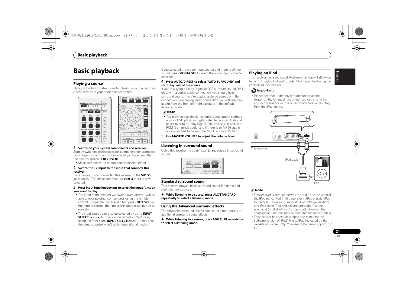 Basic playback, Playing a source, Listening in surround sound | Standard surround sound, Using the advanced surround effects, Playing an ipod | Pioneer VSX-821 User Manual | Page 21 / 156