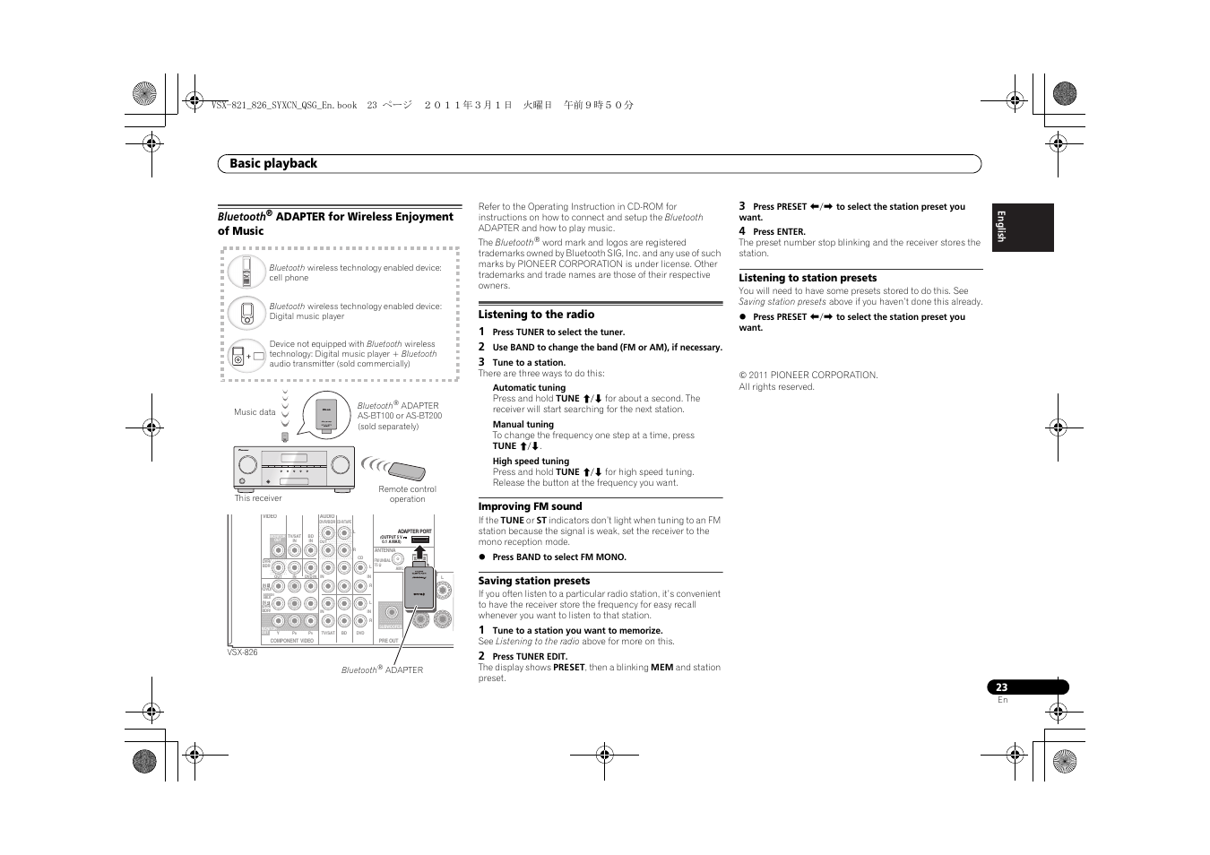 Bluetooth, Adapter for wireless enjoyment, Of music | Listening to the radio, Improving fm sound, Saving station presets, Listening to station presets, Basic playback, Adapter for wireless enjoyment of music, Listening to the radio 1 | Pioneer VSX-821 User Manual | Page 23 / 156