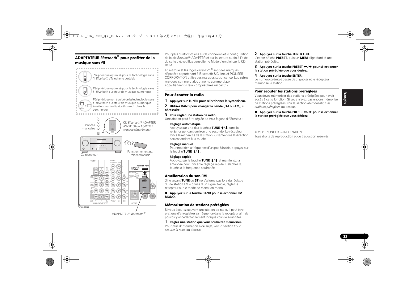 Commandes de lecture de base, Adaptateur bluetooth, Pour profiter de la musique | Sans fil, Pour écouter la radio, Amélioration du son fm, Mémorisation de stations préréglées, Pour écouter les stations préréglées, Pour profiter de la musique sans fil, Pour écouter la radio 1 | Pioneer VSX-821 User Manual | Page 45 / 156