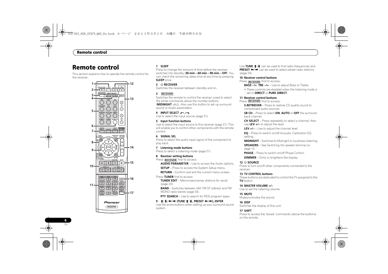 Remote control | Pioneer VSX-821 User Manual | Page 6 / 156