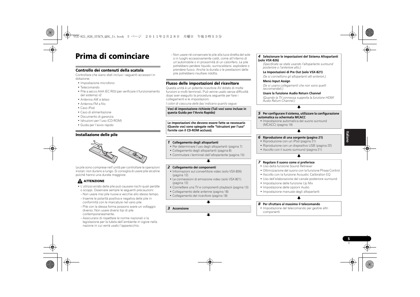 Prima di cominciare, Controllo dei contenuti della scatola, Installazione delle pile | Flusso delle impostazioni del ricevitore | Pioneer VSX-821 User Manual | Page 71 / 156