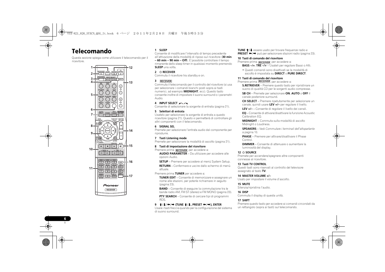Telecomando | Pioneer VSX-821 User Manual | Page 72 / 156