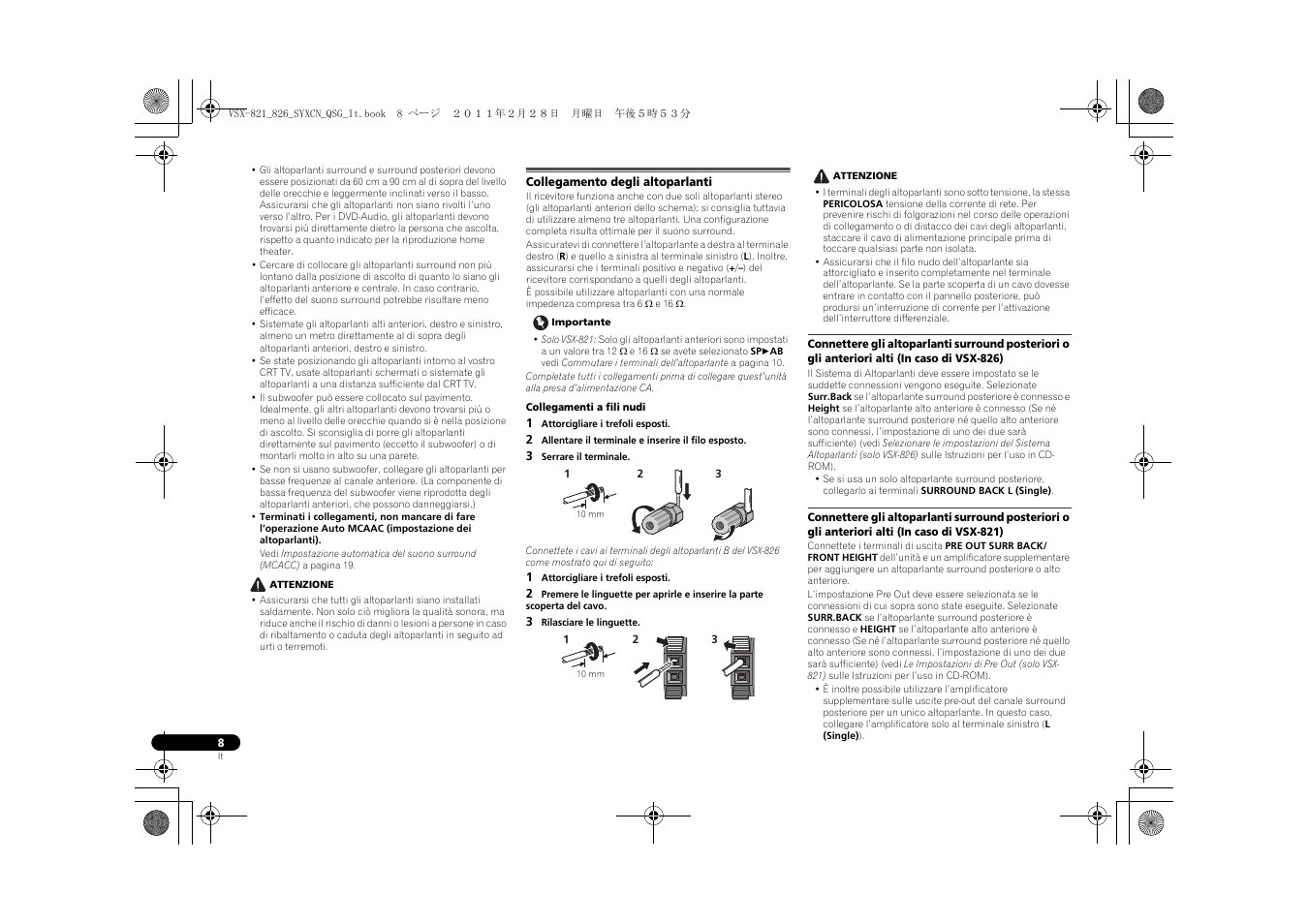 Collegamento degli altoparlanti | Pioneer VSX-821 User Manual | Page 74 / 156