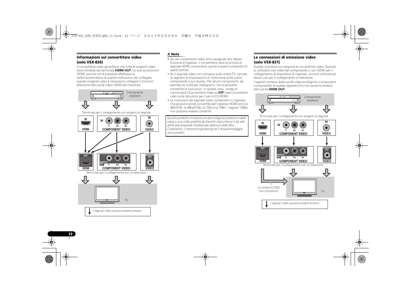 Informazioni sul convertitore video (solo vsx-826), Le connessioni di emissione video (solo vsx-821) | Pioneer VSX-821 User Manual | Page 78 / 156