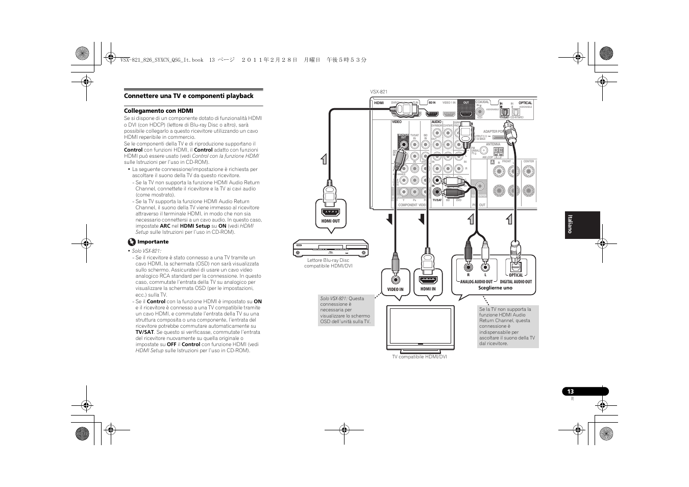 Connettere una tv e componenti playback, Collegamento con hdmi | Pioneer VSX-821 User Manual | Page 79 / 156