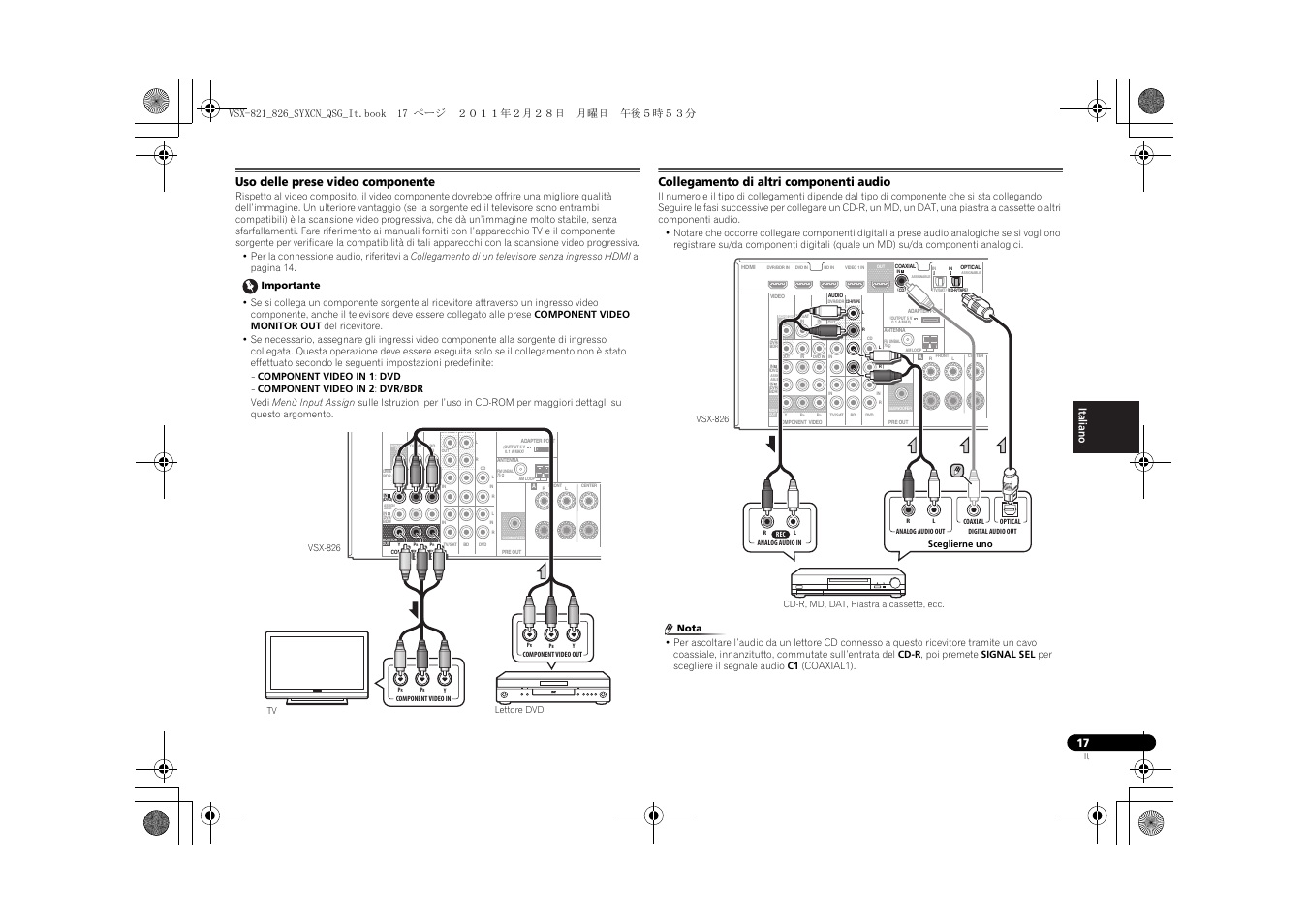 Uso delle prese video componente, Collegamento di altri componenti audio | Pioneer VSX-821 User Manual | Page 83 / 156