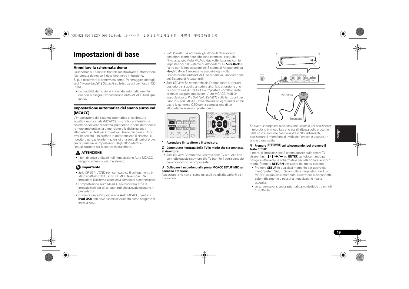 Impostazioni di base, Annullare la schermata demo, Impostazione automatica del suono surround (mcacc) | Pioneer VSX-821 User Manual | Page 85 / 156