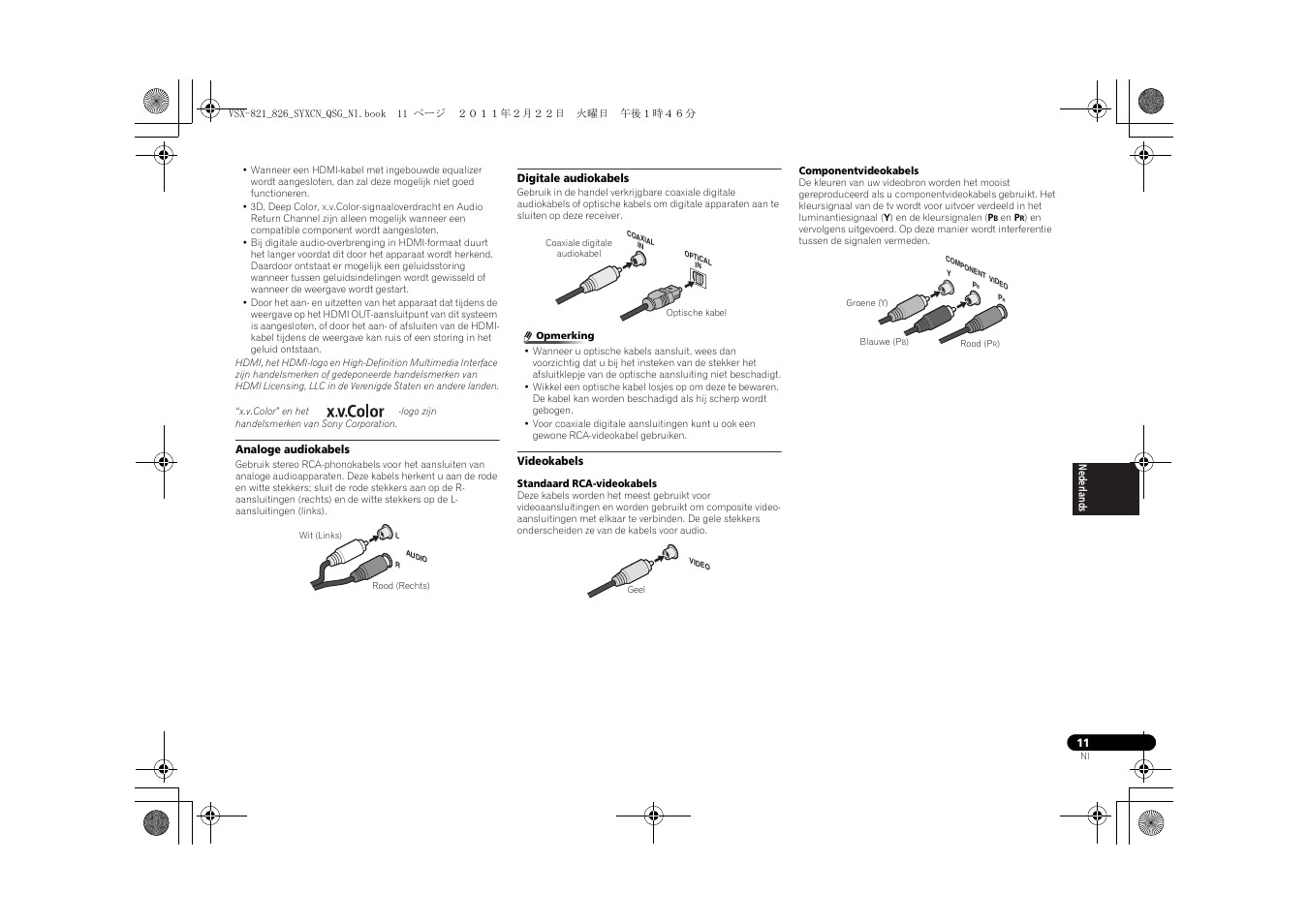 Analoge audiokabels, Digitale audiokabels, Videokabels | Pioneer VSX-821 User Manual | Page 99 / 156