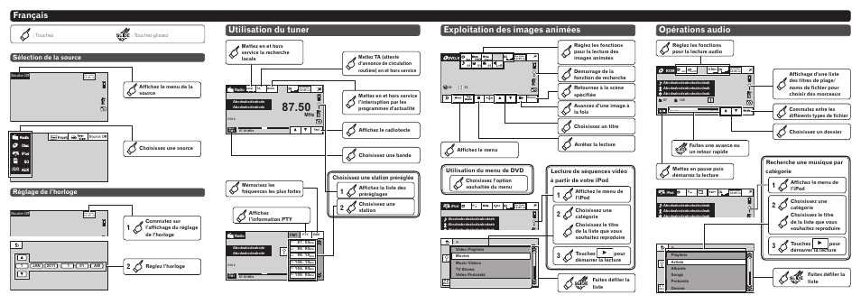 Français, Utilisation du tuner, Exploitation des images animées opérations audio | Sélection de la source réglage de l’horloge, Choisissez une station préréglée, Lecture de séquences vidéo à partir de votre ipod, Utilisation du menu de dvd, Recherche une musique par catégorie | Pioneer AVH-6300BT User Manual | Page 3 / 8