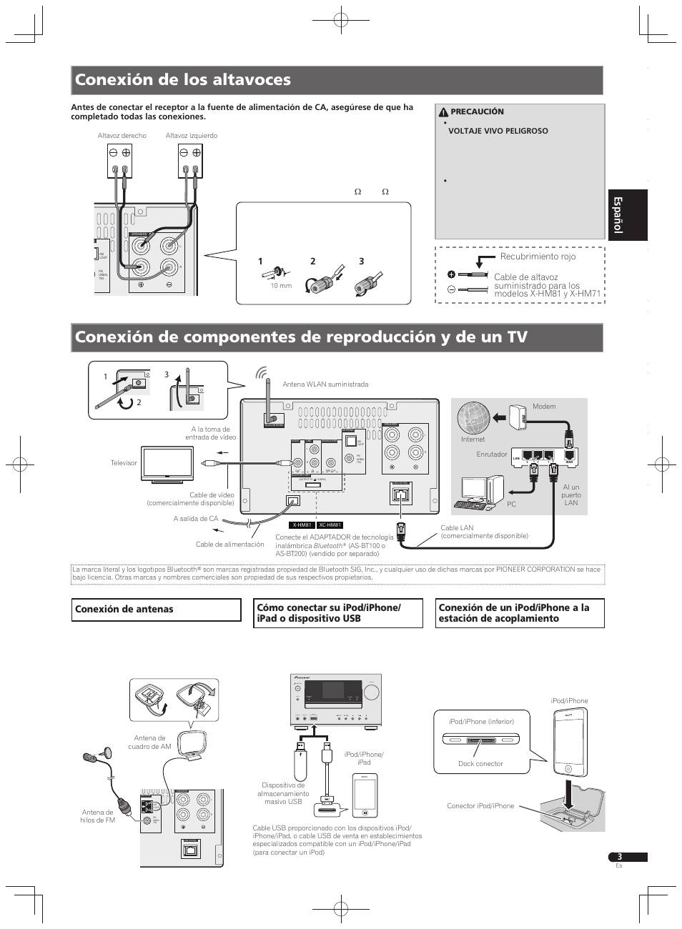 Conexión de los altavoces, Conexión de componentes de reproducción y de un tv, Conexión de antenas | Pioneer X-HM71-K User Manual | Page 11 / 32